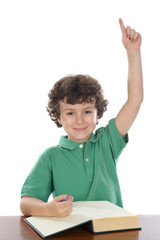 student handsome boy with his hand raised up