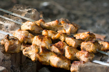Preparing hot shish kebab on skewers