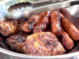grilled - chicken, turkey sausage, and hotdogs