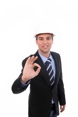 young business man signaling ok, isolated on white background