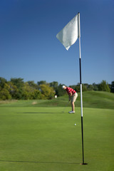 golfplayer putting on beautiful golf court with flag