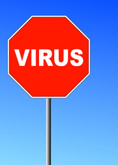 red stop sign shape with the word virus on it against blue sky
