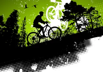 Fotobehang Fietsen Mountain bike in a forest abstract background