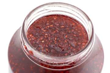 object on white - raspberries jam glass jar