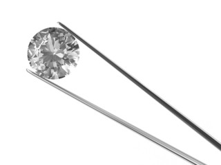 A diamond held in tweezers isolated on white