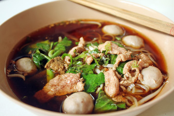 bowl of thai style beef noodle soup