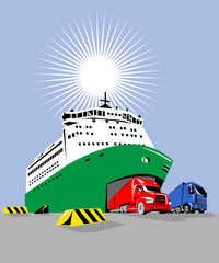 Roro ship with trucks