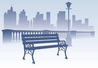 Naklejka premium Park bench on the city background