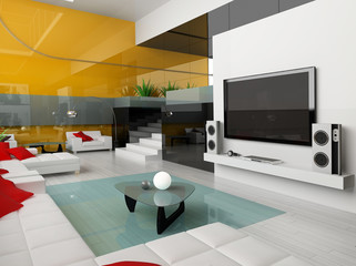 Interior of a modern white drawing tv room