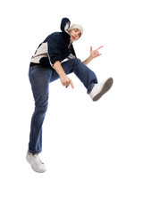 Young adult jumping(dancing), isolated on white