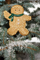Christmas ginger bread boy on tree with snow