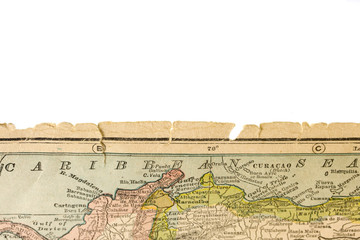 worn edge of antique map printed in 1926 - Caribbean Sea