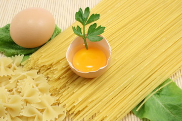 macaroni, spaghetti, eggs and lettuce