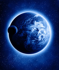 Earth and moon in a dark universe with some stars