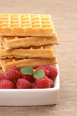 delicious waffles with fresh raspberries - food and drink