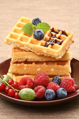 delicious waffles with fresh raspberries - food and drink