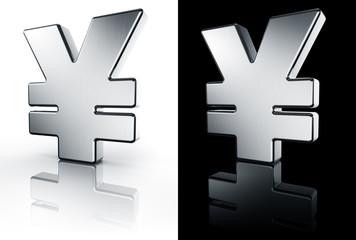 Yen sign on a white and black reflective floor.