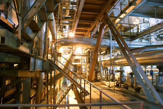 Pipes, tubes, machinery and steam turbine at a power plant