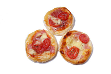 Salt pizza cake with tomato and salami bitten