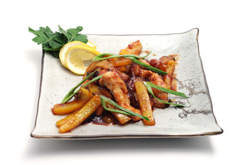 Japan Plate of Fillet Chicken with Vegetables and Slice of Lemon