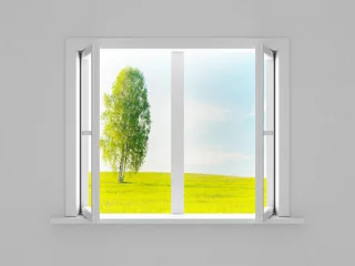 Photo sur Plexiglas Été Landscape behind the open window. 3D image