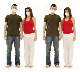 man and woman in respirators. Ecology and pollution concept.