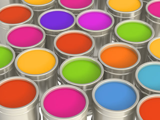 Multi-coloured paints in metal banks