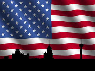 Fototapeta na wymiar San Antonio skyline with rippled American flag illustration