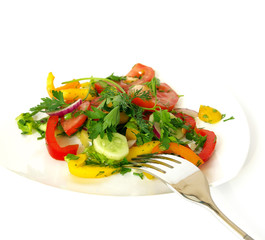 Freshness vegetarian salad and a fork isolated