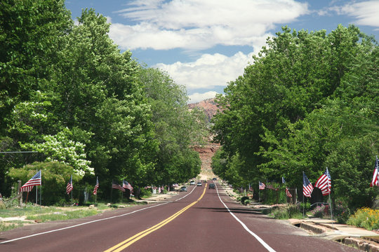 Springdale, celebrating 4th of July, American flags. Utah. USA