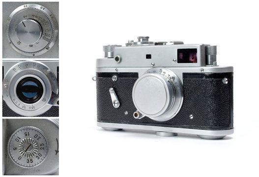 Vintage photo camera isolated on white with closeups