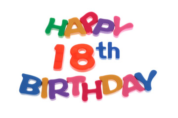 "Happy 18th Birthday" letter blocks arranged on white background