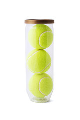 New tennis balls in plastic container on white background