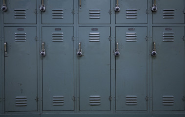 Green colored school lockers, typical of a high school. - 9092526