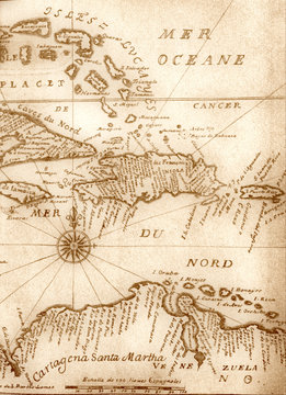 handwritten ancient map of Caribbean basin from the book of 1678