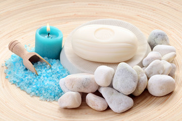 Fototapeta na wymiar bath salt and soap - blue beauty treatment