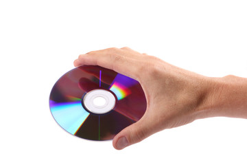 Compact disc in his hand on a white background