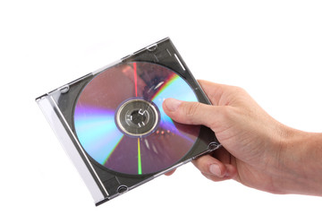 Compact disc in his hand on a white background