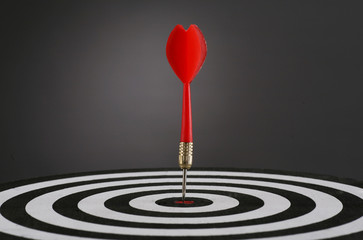 Portrait shot of a Red dart on bull's eye of a dart board