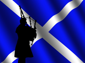 bag piper in kilt with rippled Scottish flag Illustration - obrazy, fototapety, plakaty