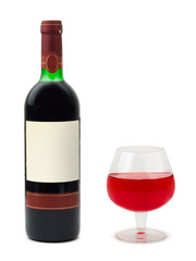 Wine glass and bottle with empty label isolated on white