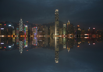 Hong Kong skyline reflected at night