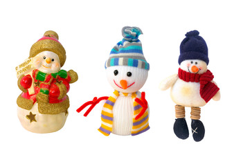 3 funny new year snowmen decorations isolated