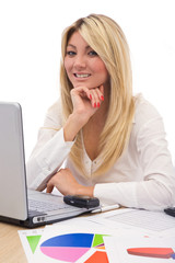 beautiful businesswoman with modern laptop and business charts