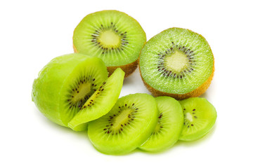Fototapeta premium Kiwi fruit sliced into pieces on white background.