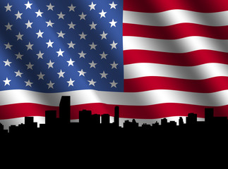 Miami skyline with rippled American flag illustration