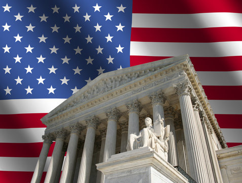 Supreme Court Washington DC with rippled American flag