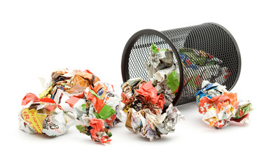 bin full of paper trash studio isolated