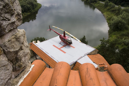 Heliport in the old castle on the rocky hill