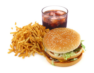 french fries, hamburger and cola on white background